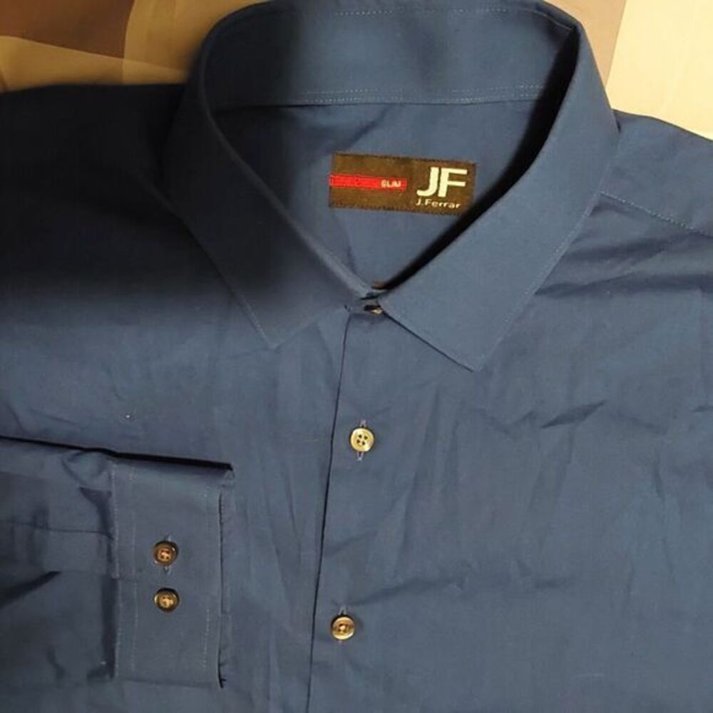J.Ferrari Slim Fit Shirt Mens 16.5 Blue Button Up Long Sleeve Cotton Blend Shirt